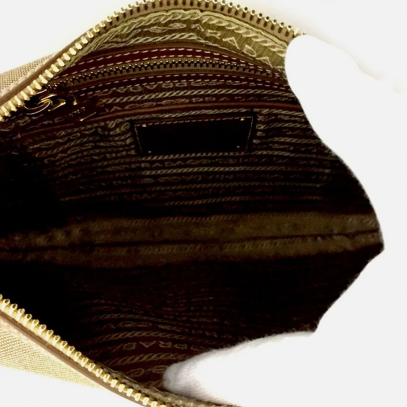 PRADA JACQUARD LOGO CANVAS BEIGE LEATHER SHOULDER BAG/R3364 - Picture 11 of 15